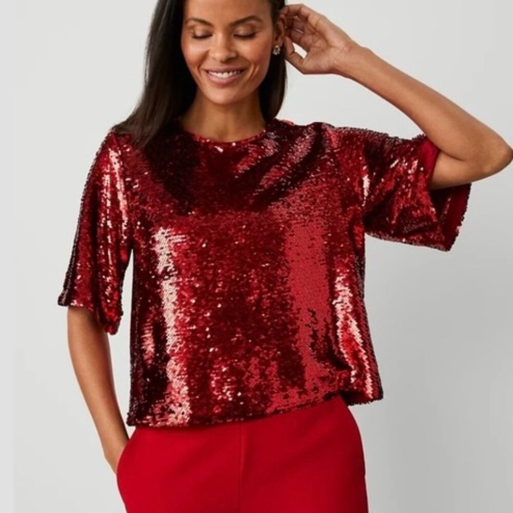 Ann Taylor Red Sequin 3/4 Sleeve Blouse